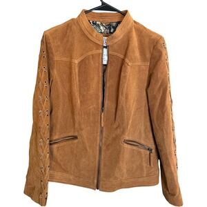 OSO Casual Suede Leather Jacket Women M Brown Washable Western Decorative Sleeve